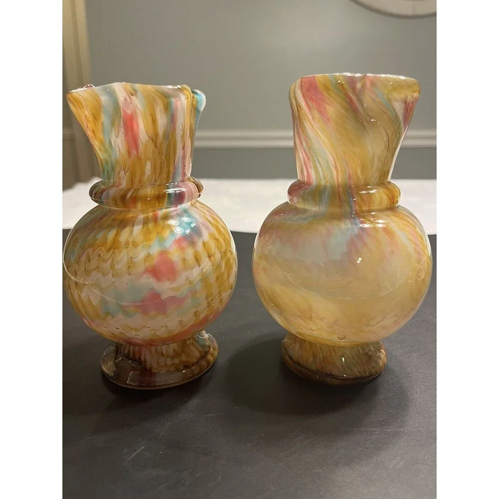Pair of Vtg 1930’s Franz Welz Czech Art Glass Vases Swirl Splatter Bohemian